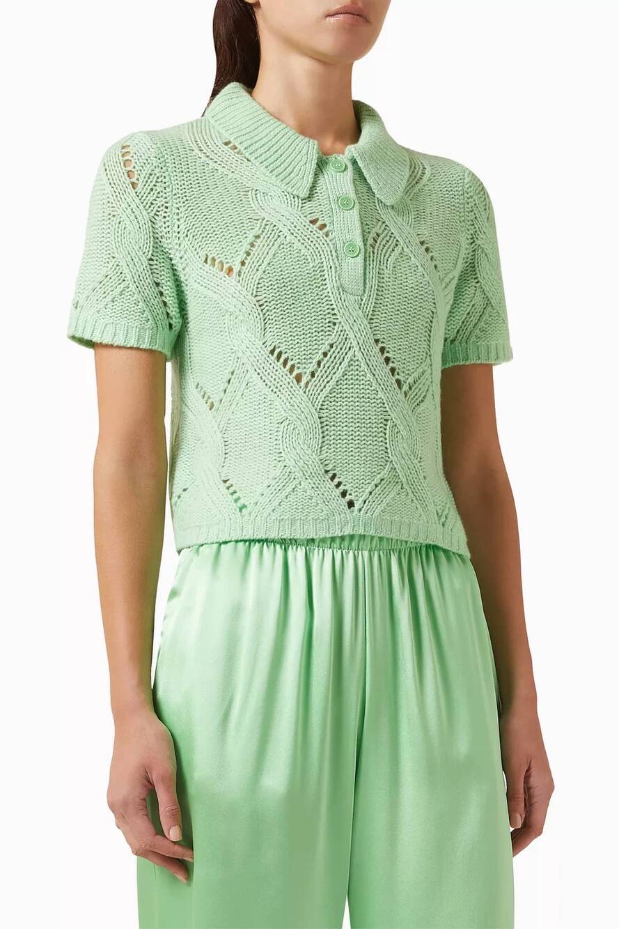 NEW SABLYN cadence shrunken cable cashmere polo top in green